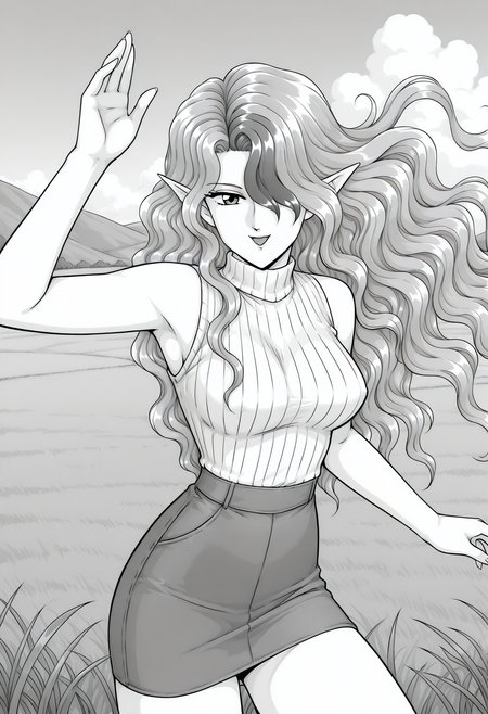 misery, monochrome, greyscale, retro artstyle, 1990s \(style\), pointy ears, open eyes, two-tone hair, long hair, hair over one eye, wavy hair, ribbed sweater, white sweater, turtleneck, sleeveless, skirt, <lora:misery_illustrious_ver2:0.8> 
smile, open mouth, cowboy shot, 1girl, solo, blue sky, (grasslands:1.2), looking at viewer,, masterpiece, best quality, sensitive,, (dynamic pose:1.4),
