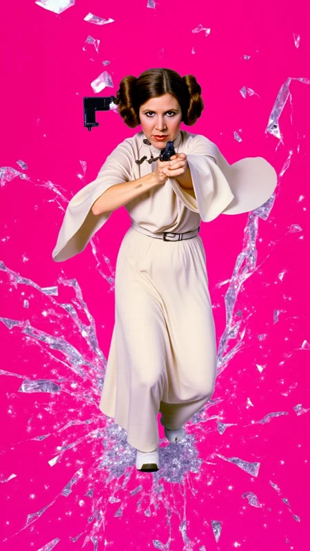 <lora:Carrie_Fisher_Flux:1.2> A dynamic, high-energy scene captures Carrie Fisher as Princess Leia Organa holding a blaster from starwars pointed at viewer in a fierce pose, mid-action as she bursts through a shattered glass surface, shards flying in all directions. Perfect hands. The background is a solid, vivid HotPink, creating a stark, intense contrast with the sharp, reflective fragments of glass. She's a young woman with fair skin and brown hair styled in two large, round buns, dressed in her iconic white, floor-length gown, which features a high neck and long, flowing sleeves.   Her body is marked with small cuts from the glass, droplets of blood glistening under the light. Her expression is one of pure fury, his eyes locked onto the viewer as if they are the target of her rage. Her pose is explosive, one leg extended forward as if sheâs leaping through the air, his arms raised defensively or ready to strike. The glass shards around him are frozen in mid-air, their jagged edges catching the light and creating a chaotic, almost surreal effect. The HotPink background amplifies the intensity of the moment, evoking a sense of danger and raw emotion. The atmosphere is charged with adrenaline, the aftermath of his violent breakthrough palpable in every detail. The image feels as if itâs happening directly in front of the viewer, Carrie Fisher as Princess Leia Organaâs momentum and the flying glass creating a sense of immediacy and immersion. Itâs a moment of chaos and power, a snapshot of rage and determination frozen in time. The combination of the HotPink backdrop, the sharp glass, and Carrie Fisher as Princess Leia Organaâs fierce expression makes for a visually striking and emotionally charged composition. She goes forward, driven by duty and the promise of glory.