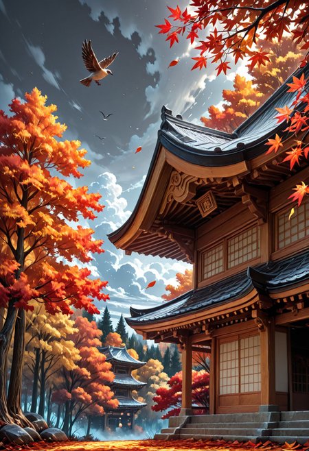 SmoothNoob_Quality, no humans, east asian architecture, autumn, autumn leaves, bare tree, bird, branch, cloud, cloudy sky, falling leaves, forest, nature, outdoors, scenery, sky, <lora:Smooth_Booster:0.5> <lora:SLE_v2:-0.5>