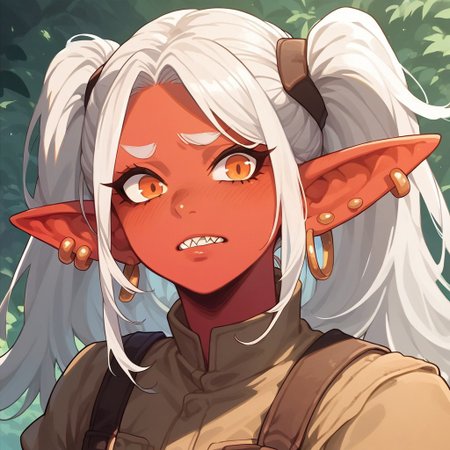 score_9, score_8_up, score_7_up, 1girl, solo, goblin girl,, red skin, orange eyes,, twintails, white hair, sharp tooth, nervous expression, ear piercing, earrings, long pointy ears, plump, looking at viewer, engineer uniform, little  female, forest background, dutch angle, goggles over head, full body, stand up