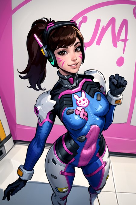 masterpiece,best quality,<lora:dva:0.8>,dva,1girl,solo,long hair,breasts,looking at viewer,smile,bangs,brown hair,gloves,brown eyes,medium breasts,upper body,ponytail,parted lips,white gloves,lips,v,bodysuit,swept bangs,headphones,facial mark,animal print,mecha,skin tight,high collar,pink lips,nose,pilot suit,whisker markings,facepaint,shoulder pads,blue bodysuit,bunny print,ribbed bodysuit,full body,