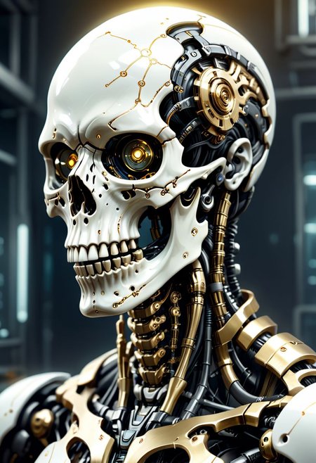 gold tribal warpaint tattoos on skull, Cyberpunk,sci-fi,dark-fantasy,kodak portrait 400,8k,soft light,volumetric lighting,highly detailed,britt marling style 3/4,portrait photo of a war man cyborg robot in a chemical laboratory + face,face is skullbone, intricate,elegant,highly detailed,white porcelain and gold,2D motifs detailed dark fantasy digital painting,artstation,concept art,smooth,sharp focus,illustration. Cosmic light in backfront,