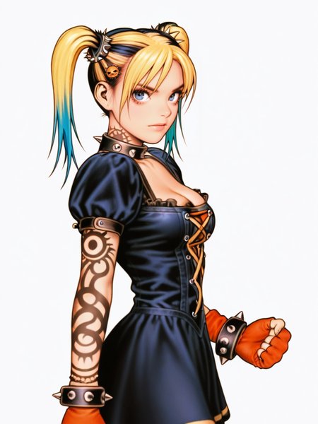 ShinkiroXL,, white background,,
1girl, dress, punk clothes, two-tone hair, blue eyes, short sleeves, cleavage, medium breasts, bracelet, tattoo, twintails, spikes, from side, from side, looking at viewer, dynamic pose, cowboy shot, hair ornament,
 <lora:AShinkiro_Style:1>