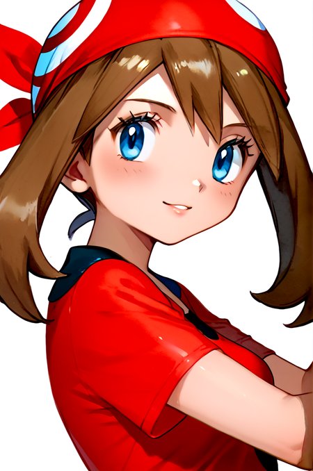 Score_9, score_8_up, score_7_up, score_6_up, score_5_up 1girl, 1girl, brown hair, may \(pokemon\), bandana, solo, blue eyes, bangs, red shirt, short sleeves, breasts, 
ken sugimori, watercolor \(medium\)
<lora:KenSugimoriPony:0.4> <lora:pokemon-may-ponyxl-lora-nochekaiser:1>
