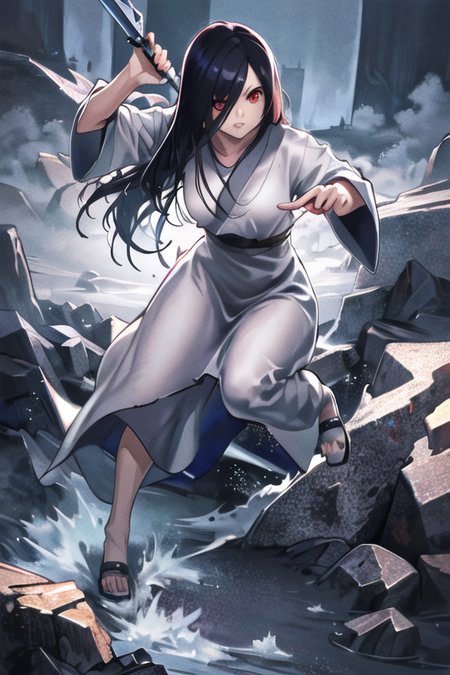 ((masterpiece)),(best quality), absurdres,sadako_yamamura,red eyes, white dress,<lora:Sadakobest:0.8>,  <lora:attackingConcept_18:0.6>,detailed solo character holding weapon, detailed face, attack action, using weapon, intricate design, sharp focus, fantasy clothing,
