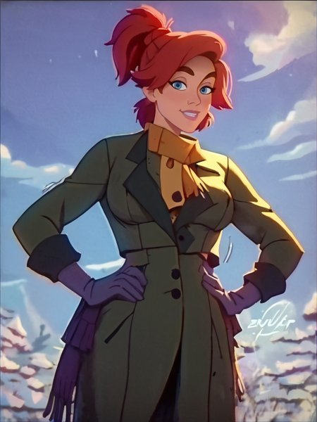 score_9, score_8_up, score_7_up, score_6_up, AnastasiaXLP hands on hips, short hair, red hair, blue eyes, coat, scarf, ponytail, gloves, motion lines, covered nipples, smile, curvy, looking at viewer, cowboy shot, dynamic pose, solo, dutch angle, front, screencap, sexy, sexually suggestive, 
 <lora:AnastasiaXLP_character:1>