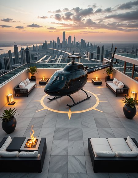 A high-resolution photo of a luxurious rooftop of a five-star hotel at sunset, featuring a sleek helipad with a high-end, matte-black private helicopter elegantly parked. The rooftop is designed with ultra-modern architecture, featuring a spacious terrace with infinity-edge glass railings, ambient lighting, and a panoramic city skyline in the background. The surface of the helipad is clean, polished concrete with clear illuminated markings. Surrounding the helipad, there are lounge areas with modern outdoor furniture, minimalist fire pits, and decorative planters with tropical greenery. The lighting is warm and golden, casting soft shadows and highlighting the contours of the helicopter and the textures of the rooftop. The sky is dramatic, painted with hues of orange, pink, and violet, creating a cinematic atmosphere of luxury and exclusivity. The overall mood is elite, calm, and aspirational, showcasing the ultimate in urban luxury lifestyle.
<lora:SDXLFaeTastic2400:0.4> <lora:extremely_detailed:0.4> extremely detailed,helipad r00ft0p <lora:helipad_r00ft0p-i:1>, Masterpiece,best quality,hi res,8k,hi res,8k,award winning,(sharp focus, intricate, highly detailed),