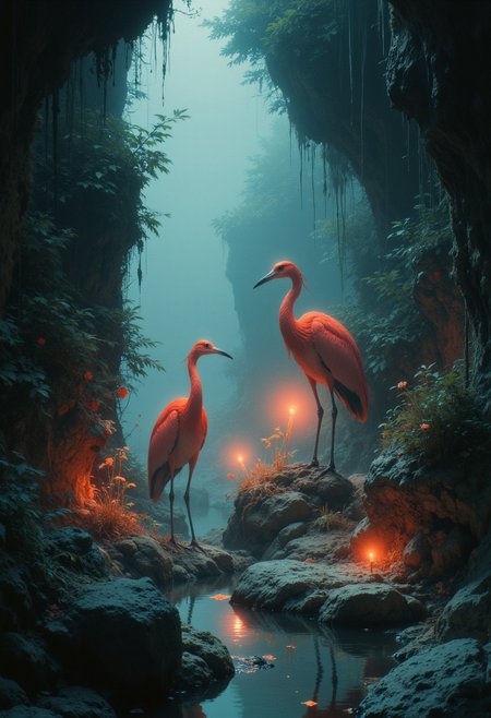 An enigmatic composition bathed in soft, diffused light, blending whispers of surrealism and melancholia. The scene unfolds in a cinematic atmosphere where subtle textures and delicate grains add depth, while the interplay of light and shadow enhances the quiet intensity of the moment. A subdued color palette merges with ethereal haze, evoking a dreamlike quality and timeless stillness. The central subject –Bright red herons stand poised amidst coral-like formations in an underwater cave. Diffused sunlight filters through the water, illuminating the vivid feathers and casting a warm glow on the rocky surfaces. The herons’ surreal elegance and vivid coloration juxtapose beautifully against the naturalistic textures of their submerged surroundings, creating an almost painterly composition.– is delicately framed, their presence balanced between mystery and intimacy. Surrounding elements, rich in symbolic undertones, anchor the narrative in an otherworldly context. Organic details like softly swaying flora or faintly glowing surfaces contrast with stark, haunting figures, creating a juxtaposition that is both poignant and surreal. The composition invites introspection, with negative space amplifying the mood's resonance. Every detail, from the atmospheric depth to the muted highlights, serves to craft an image that feels suspended in an emotional, poetic realm, steeped in quiet nostalgia.
surreal style