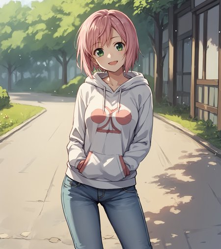 score_9, score_8_up, score_7_up, score_6_up, score_5_up, score_4_up, BREAK source_anime,
1girl, solo, <lora:EstelliseSidosHeurassein:1> , Estellise Sidos Heurassein, pink hair, short hair, green eyes, medium breasts,
hoodie, jeans, 
outdoors, 
looking at viewer, happy,  standing,
miyuki_\(miyuki0529\),
