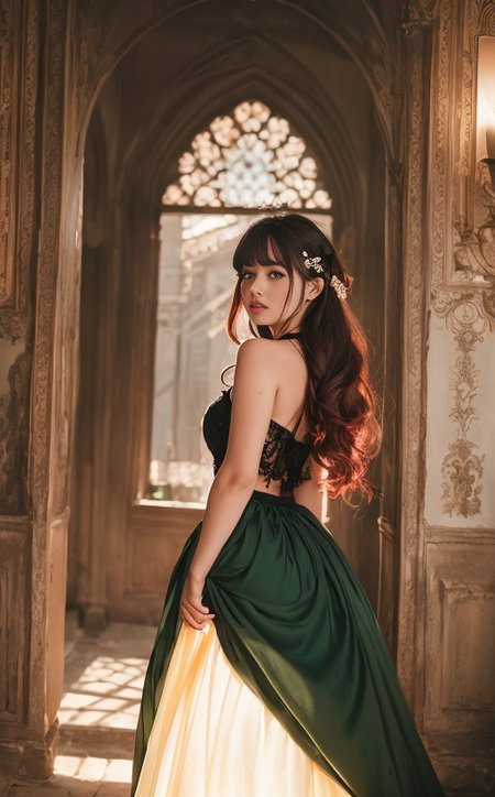 {an extremely delicate and beautiful girl}, cg 8k wallpaper, masterpiece, cold expression, medium breastsupper body, looking at viewer, red|black|green|orange medieval dress,serafuku, messy long hair, big eyes, beautiful detailed eyes {{a black cross hairpin}},Hair glows,dramatic angle,, (8k, RAW photo, highly sensitive, best quality, masterpiece, ultra high res, photorealistic:1.25), upper body, old ruined palace