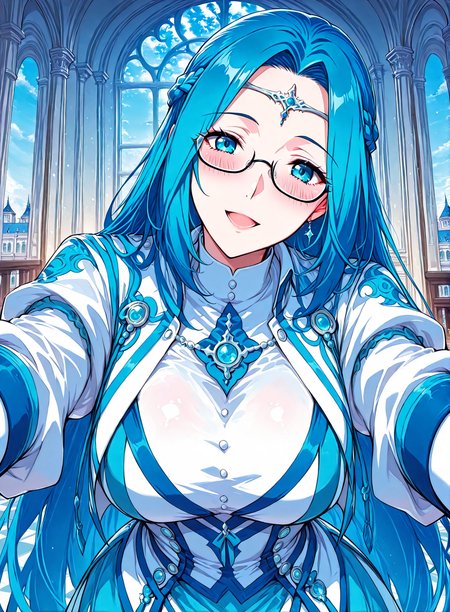 <lora:Ruo_Ling__Battle_Through_the_Heavens__Illustrious:1>
1 girl, solo, blue eyes, very long hair, blue hair, french braid, half updo, 
dress, long skirt, long sleeves, bottons, circlet, jewelry, glasses, semi-rimless eyewear,  
score_9, score_8_up, score_7_up, score_6_up, source_anime, rating_explicit, 1girl, solo, smile, embarrassed, alcalose eyes, open mouth, mansion, indoors, looking at viewer, outstretched arms, pov, close-up, (head tilt:1.2), <lora:iLLMythG0thicL1nes:1>