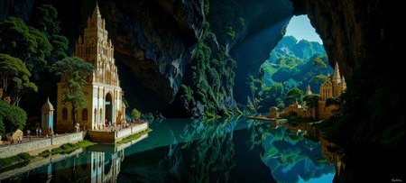 Surrealism painting. Ground level view long shot. A magnifcent Haitian distant city inside a cave with bioluminescent funghi at night. goth theme. Intricate white and chartreuse and brass Gothic details. Overall, the scene is flooded and is very detailed. Dramatic lighting illuminates the scene from the left. <lora:Paper_Marbling_Flux:0.4> <lora:midjourney_whisper_chromaplex_v1:0.4> <lora:flux.1_lora_flyway_Epic-detail_v2:0.5> <lora:C00lH0use:0.6>