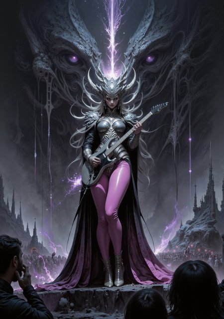woman as Nyarlathotep's negotiator playing epic (electric guitar) solo in front of huge crowd, wearing black leather suit and pink leggings, monochrome tones, blurred setting, dark atmosphere, standing on stage, epic pose, purple sparks from electric guitar, (mesmerized crowd), lovecraftian horror {prompt} . eldritch, cosmic horror, unknown, mysterious, surreal, highly detailed