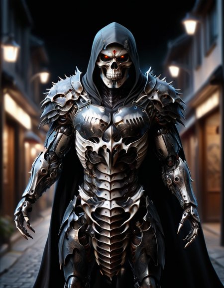 (masterpiece:1.2), best quality, high resolution, perfect lighting, extremely detailed, (crystalz Terminator assasin), battle scared white and black carbon armor, Wearing a dark cloak with hood, skull face just visable under hood, full_armor, humanoid, Metal Human skull head, (extreme detailed micro mechcanical scary Metal human skull design). Samurai sword shinning silver, Runes decorative embossments over his cloak, slim muscular body fast agile and stealthy, background a dark back street with subtle lighting and shadows, at night, facing viewer, solo, made out of ral-anmlsktn <lora:ral-anmlsktn:1>