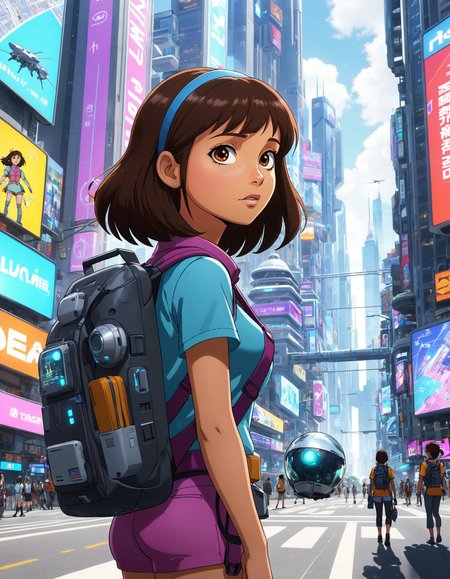 2D anime style, anime screencap, a mature adult Dora the Explorer with long brown hair tied back, makeup,  wearing a modern explorer outfit with a high-tech backpack. She is standing at a busy intersection in a futuristic city during the day, looking up at towering skyscrapers with holographic advertisements. Flying vehicles zoom by above her, and the streets are filled with people and robots. She holds a futuristic map device, looking determined. High detail and complexity, vibrant colors, dynamic lighting, immersive atmosphere