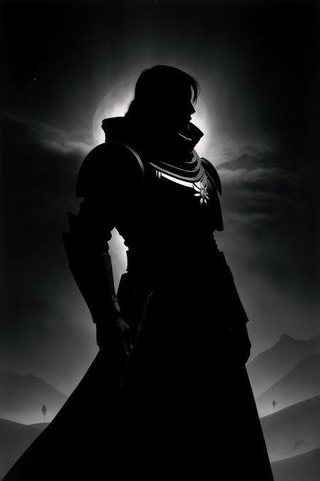 Astartes, silhouette, monochrome, greyscale, BREAK <lora:epi_noiseoffset2:0.65>, <lora:more_details:0.4>,