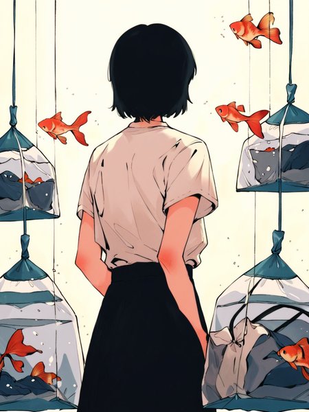 score_9, score_8_up, score_7_up, score_6_up, score_5_up,  <lora:HaranikalaXLP:1> hara, 1girl, fish, solo, goldfish, skirt, bag, black hair, from behind, shirt, black skirt, short sleeves, arms behind back, white shirt