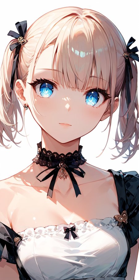 score_9, score_8_up, score_7_up,source_anime, high res image,masterpiece,best quality,girl,cute face,clear skin,shiny hair,ultra detailed eyes,simple background,  <lora:chocker_pony_V1.0:0.8> choker,ribbon