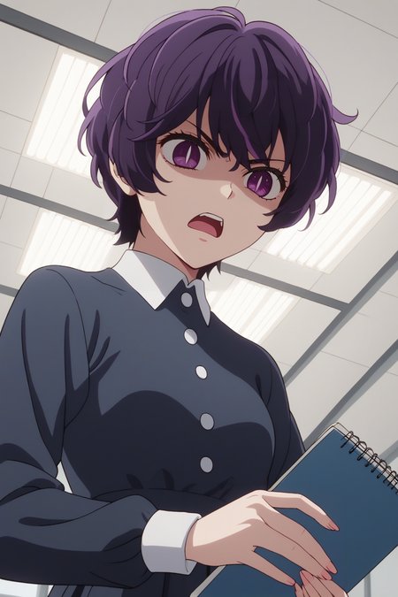 sscore_9, score_8_up, score_7_up, source_anime, 1girl, prefect lighting, very aesthetic, intricate details, highly detailed background, masterpiece, high quality, prefect hands, best quality, solo, 
<lora:Abiko_Samejima_Oshi_No_Ko_V1:.85>, KJOabiko, purple hair, purple eyes, slit pupils, short hair, 
collared shirt, long sleeves, dress, 
angry, shaded face, from below, open mouth, holding notebook, 
gym, studio,
(Beautiful, small Breasts:1.2), natural breasts,