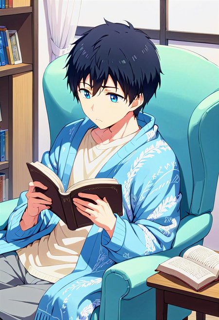 high resolution, solo, best quality, 1Boy, Arata Kaziaki, Black Hair, Blue Eyes, Reading a book, armchair, blanket, quiet,