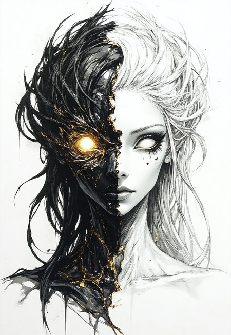 fg, A portrait of Hel, the ruler of Helheim. Her marvelous wild mane covers part of her beautiful face and bare chest. Both eyeballs are completely blank and featureless, devoid of pupils and irises, and extend across the entire eye region, blending seamlessly into the surrounding facial area, while the eyes remain fully open. The face is divided into two halves. The left side shows signs of decay and decomposition, with lifeless dark-coal skin, hard bones are visible under the torn skin, shreds of golden ash detached from her skin. Her left eyeball is completely golden. The right half of the face is of unearthly beauty, with immaculate, flawless white skin. Her right eyeball is completely snow-white. The transition between the two halves of the face is fluid and unobtrusive, symbolizing the brief moment between life and death. The picture showcases a surreal and abstract style, created using pencil and ink, characterized by a monochromatic scheme with predominant shades of black, white, and gray, which has been digitally enhanced.