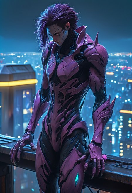 score_9, score_8_up, score_9_up, SilverPulse, Fantasy Creature, punk hair, lizard, cat, alien girl, feminime, female, 1girl, four arms, Avatar navi alien with purple skin, bal, big eyes, medium breast, red trench coat, running on the top of train, yellow train, cyberpunk city, night, neon light, rainy,  dynamic view, dynamic pose, super wide angle shot, extreme perspective,