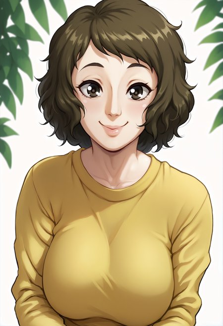 score_9, score_7_up, <lora:PANCO-guy-PONY-DORAv1:1>, 1girl, solo, kawakami sadayo, yellow sweater, presenting, looking at viewer, head tilt, smile, happy, mature female