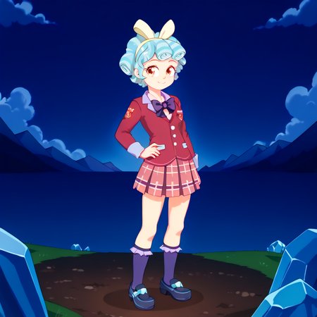 detailed background, outdoors,  <lora:EUF-Dreamer_style:1.5> euf-dreamer style, Cozy Glow, full body, human, 'no tail', 1girl, solo, female child, Crystal prep skirt uniform,