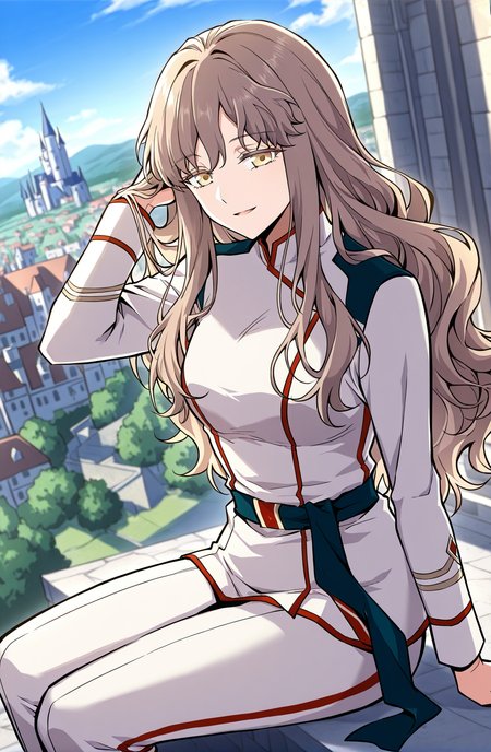<lora:Cecilia__The_Beginning_After_the_End__Illustrious:1>
Cecilia, female, long hair, wavy hair, light brown hair, golden eyes, side bangs, 
white uniform, waist sash, fitted top, pants outfit
score_9, score_8_up, score_7_up, very aesthetic, source_anime, detailed, high quality, beautiful, masterpiece, detailed eyes, castle, village, blurry background, cityscape, pose dynamic angle, light smile, open mouth, hand on hair, sitting