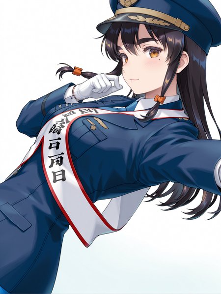 masterpiece,best quality,newest,1girl,solo,
<lora:mao2_ilxl_v1.2:1>,mao2,m_hat,m_clothes,white gloves,blue jacket,mole under eye,
<lora:Fixhands_anime_bdsqlsz_V1:1>,looking_at_viewer,light_blush,cinematic_angle,white_background,simple_background,profile,upper_body,