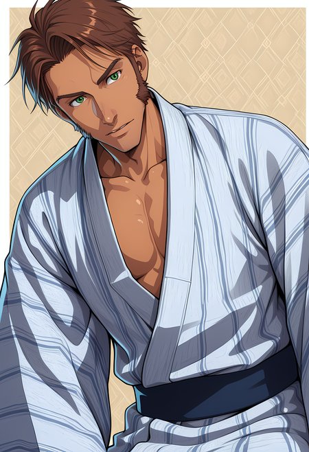 masterpiece, best quality, amazing quality, dutch angle, abstract background, BREAK
1boy, solo, male focus, tc_louis, brown hair, short hair, dark skin, green eyes, sideburns, stubble, yukata, japanese clothing, BREAK
<lora:cfg_scale_boost:.6>  <lora:Louis_Mauras_de_Richet_-_The_Council_-_ILXL:1>