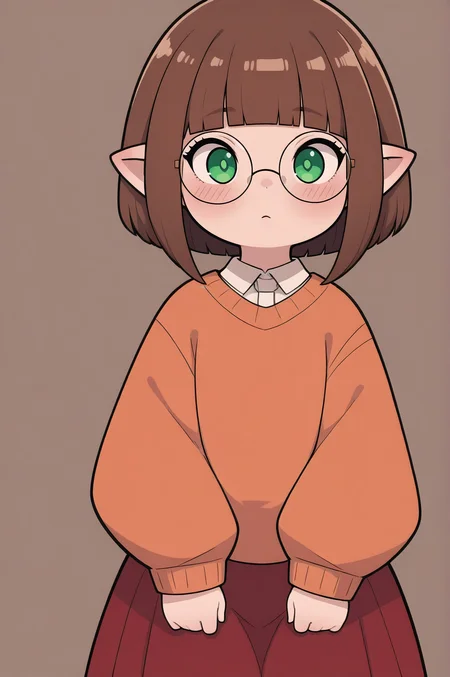 masterpiece, best quality, absurdres, 
lalafell,
bob cut, green eyes, brown hair, blunt bangs, orange sweater, red skirt, round eyewear, solo, blush,