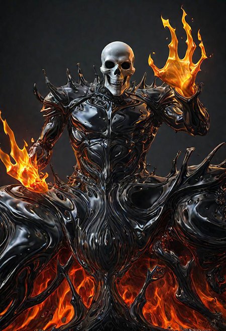 (masterpiece))
A etheral Ghost Rider,
HDR, hyper realistic, 
Black goo,
godly auburn light, flames, damned soul,