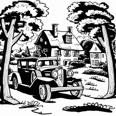 drawix19 old car in front of the house in the forest<lora:drawix19:1>