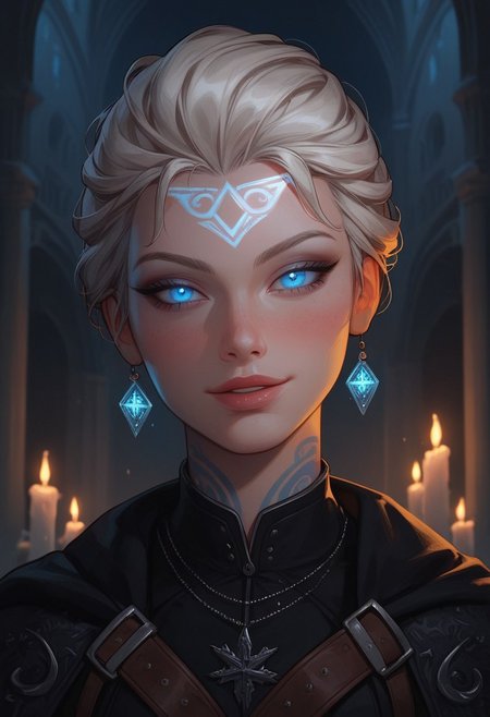 masterpiece,best quality, highly detailed, score_9, score_8_up, score_7_up, score_6_up, score_5_up, score_4_up, Expressiveh, Elsa, solo, portrait, athletic body, looking at viewer, platinum hair, short hair,fully clothed,  
Blue eyes, thick tighs, wide hips, detailed belly, smile, happiness,gothic clothes, black hunter attire,black collar shirt, black hunter corset, tactical pants, combat tiara, daggers ,belts,hunter cloak, sexy, seductive, blush, castle,night, perfect hips, perfect thighs, neckless, black chocker, hair ornaments, full body, heels, boots,  conjuring spell, ancient ice magic , wide hips, thick thighs Flashice glowing runes, graceful, dancer-like movements, ice magic, frost, chilly aura, void magic, breathtaking display of color, Fae, ethereal beauty, supernatural powers, elemental magic, sharp focus, depth of field, Flashice glowing runes,Close up, runes on body, glowing body tattoos, glowing eyes, glowing tattoos, glowing runes,
