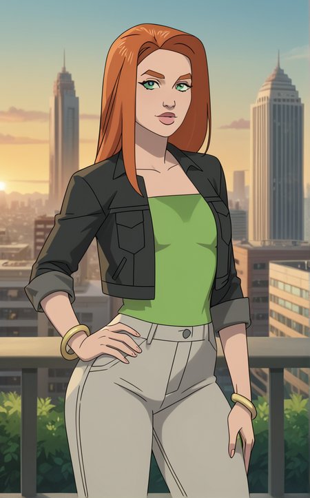 score_9, score_8_up, score_7_up, absurdres,contrapposto, hand on hip, sunset, sidelighting, cityscape, vanishing point, outdoors, depth of field, solo, looking at viewer,   <lora:PONYXL_Invincible_AtomEve_ownwaifu:0.85>, BREAK BlackJacketGreenShirt_AtomEve_ownwaifu, 1girl, orange hair, shiny hair, straight hair, eyelashes, green eyes, long hair, nose, thick eyebrows, thick lips, green shirt, black jacket, collarbone, open jacket, grey pants, jewelry, long sleeves, pocket, breasts, lipstick, bangle, breast pocket, medium breasts,    <lora:add-detail-xl:0.15>,