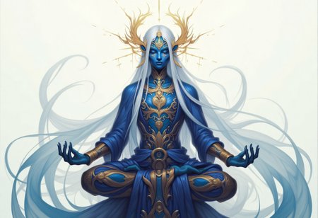 A levitating creature with a featureless blueish face wrapped in flowing, baroque ceremonial robes, made of liquid sapphire and intricate golden patterns. The figure is in perfect meditation pose, hands forming mudras, with long silver hair floating like strands of light. Its face is obscured by an ornate mask shaped like a divine symbol, with layered motifs of spirals and radiant geometry. The background is a soft white gradient, giving the illusion of enlightenment or cosmic serenity — humanoid, hyperdetailed, divine elegance, high fantasy mysticism, OBxiaoxiang