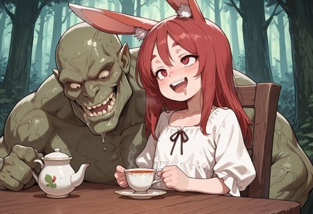 masterpiece, best quality, amazing quality, 
rabbit girl, open mouth, vulgar smile, drooling, medium red hair, flat chest, petite, traveler's clothes, 
tea time with big huge goblins, they are sitting at a tea table, 
fantasy forest in the background,