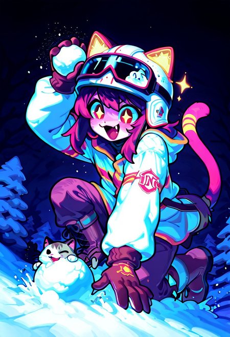 masterpiece, best quality, simple illustration, 1cat, , superdeformer, cute,  snow suite, snow glasses, urban clothing, big boots, helmet, full body, solo, dark background, sparkles, vivid colors, vertical pupils,fang, tail , mcnm, in the style of cknc, cute_style01f1, snowball fight, happy