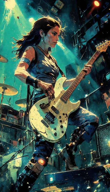 crayon,glow, A female musician, bathed in the cerulean and viridian glow of stage lights, thrashes on a white electric bass guitar. Capture her in a dynamic three-quarter shot, emphasizing the energy of her performance. Her pose should be one of uninhibited movement, her body a blur of motion as she plucks the strings. The camera angle should be low, accentuating her power and the verticality of the instrument. The background should dissolve into an abstract tapestry of light and shadow, hinting at the silhouettes of other musicians and the blurred forms of the audience. Enhance the image with a subtle film grain to evoke the raw energy of a live concert.