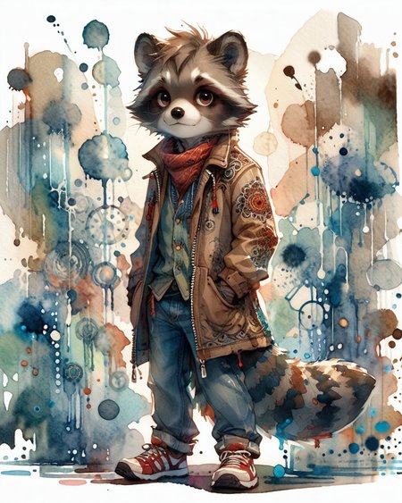 score_9, score_8_up, score_7_up, intricate details, rating_safe,
<lora:SoftWatercolors:1>, SoftWaterColor, 1boy(,
anthro furry, raccoon, 
full body, looking at the viewer, solo, friendly expression), detailed background, depth of field, subsurface scattering, 
<lora:ral-chrosc-clr:0.3>, ral-chrosc-clr,
<lora:xl_more_art-full_v1:0.3>,
<lora:add-detail-xl:0.3>