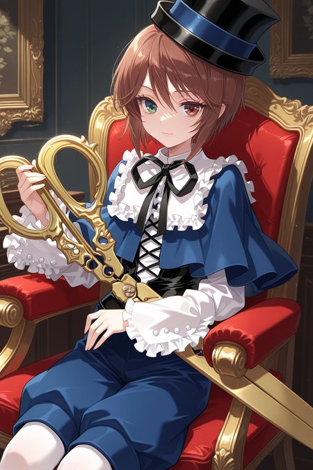 1girl, SouseisekiRozenMaiden, 
general, solo, upper body,
eyelashes,
holding, oversized object, scissors, 
top hat, kodona,
frilled shirt collar, neck ribbon, blue capelet,
white shirt, long sleeves,
black corset,
blue shorts, white pantyhose, 
light smile,
sitting, 
indoors, gothic, chair,
<lora:kp_SouseisekiRozenMaidenIllustrious_v1_0:1.0>,
masterpiece, best quality, amazing quality