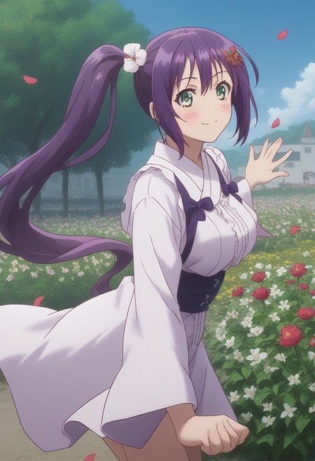 Ameno Sagiri, Purple Hair, Very Long Hair, Shuriken, Hair Ornament, Side Ponytail, Green Eyes, Big Breasts,
(nsfw), (uncensored), (score_9), score_8_up, score_7_up, source_anime, cowboy shot, dynamic pose, 1 Female, solo, happy smile joy, blush, ashamed, shy, sexy, charming, alluring, seductive, enchanting, erotic, 
((outdoors)), ((flower garden)), ((flowers)), ((many flowers)), spring petals, petals of flowers, spring, falling petals, flying butterflies,