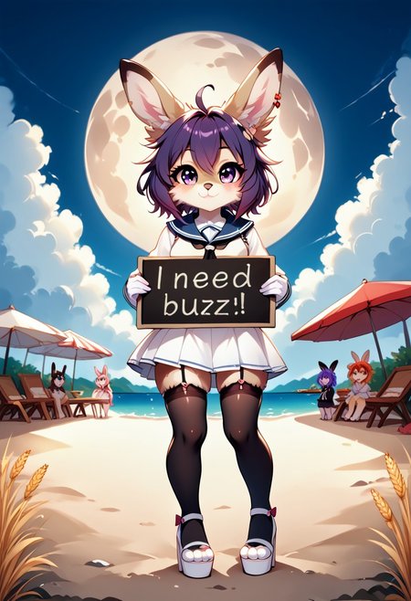 resolution,score_9,score_8_up,score_7_up,score_6_up,score_8,score_7,score_6,best quality,masterpiece,source_anime,(masterpiece:1.2), (best quality:1.2), 3girls,furry females, standing side by side, facing forward, beach at sunset, pastel tones, soft lighting, anime style, noob style,
 white military-style uniform, dark necktie, black thigh-highs, garter belt, serious expression,
 fluffy white bunny hoodie, pink pleated skirt, thigh bow, sleepy look,
crown, blue sailor dress, white gloves, short purple hair, double platform heels, energetic pose, cheerful smile,
holding big sign with both hands in front of her body,BREAK, solo,
,morden city on street, need_buzz, holding sign, face shot, MegaFluffyPony,feather furry, fluffy,Wheat field background, mid night,moon,