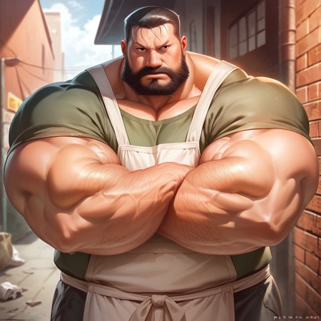 safe_pos, safe_pos, source_anime, detailed background, (score_9, score_8_up, score_7_up), zoroj, masterpiece, best quality, high quality, ultra detailed, highly detailed, high detail, artistic lighting, (highly detailed face, (perfect face, perfect eyes)), depth of field, perfect soft lighting, best shadows, perfect reflections, volumetric, detailed image, high resolution, defined faces, sharp definition,

solo, 1boy, male focus, Sig Curtis, short hair, black hair, black eyes, facial hair, beard, green shirt with short sleeves, long white butcher's apron, black pants, musclegut, hairy arms, musclebears, muscular male, bara, veiny muscles, large male,

ruanyi0675, alley, brick wall, cable, crosswalk, utility pole, vanishing point, vending machine, trash can, trash bag, dynamic poses, various poses, cowboy shot, standing, looking at viewer,