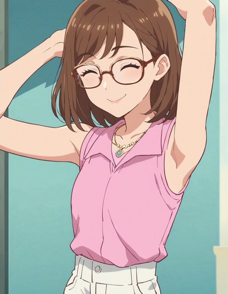 score_9, score_8_up, score_7_up, anime screencap,1girl,solo,glasses, closed eyes, brown hair, sleeveless, smile, necklace, jewelry,pink shirt,white pants, <lora:SakuragawaSaki:0.8>