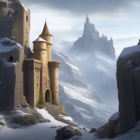 a keep on a (rock spire), battlement, Machicolations, a stairway to the keep, doorway,  mountain in background, very wide shot, fantasy, atmospheric effects, snow, best quality, masterpiece, realistic, photo-realistic, amazing, finely detail, ultra-detailed, highres, extremely detailed, 8k wallpaper
