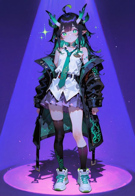 looking at viewer,full body shot,standing

1 girl,petite,loose unruly messy hair,messy bangs,black hair,green accents hair,fair skin,dragon horns,green eyes,(sparkling eyes:1.1),freckles,ahoge,pointy ear

Large Black coat with green accent,coat hanging sleeves,(white sleeveless buttoned shirt tucked in:1.1),green tie, exposed shoulder,dark purple skirt,(black stocking:1.1),white sneakers

Color background, bright purple background,(shadow:1.2), light from front,glimmer, [scales design], sparkling,(analgylph:1.5),(spotlight:1.2),(purple hue:0.8),(colors green glowing:1.3)

Cunnystyle,748cmstyle,Smooth_Quality,masterpiece,best quality,amazing quality, aesthetic,(vibrant colors:1.7),(bold lines:1.3),(saturated:1.6)