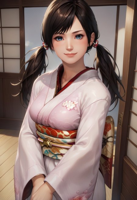 score_9, score_8_up, score_7_up, best quality, intricate details, source anime, rating explicit BREAK 1girl,
<lora:Kokoro_doa_v04-12:1.0> kokoro_doa, brown hair, long hair, black hair, blue eyes,  low twintails, japanese clothes, 
detailed face, blush, light smile, head tilt, from above,