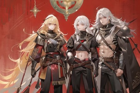 1woman, solo, armor, pauldrons, <lora:BarbarianT-18:0.8>, BarbarianT, muscular female, bare body builder abs, ((masterpiece: 1.4, perfect face, best quality: 1.2)), ultra highly detailed, detailed eyes, delicate hair details, armor faulds, fantasy crop top, arm armor, armor greaves, furry tippet, large breasts, sexy eyes, devilish grin, mixed blonde hair, extremely messy large shag hair cape, many braids and beads in hair, intricate details, hazel eyes, eyeliner, eyelashes, crossed_bangs, warpaint, one bare muscular armor with viking design tattoo, wide striped puffy sleeves, multicolor sleeves, tribal design asymmetrical lion cloths, leather boots, wide striped baggy pants trousers, tassel belt accessories, barbarian woman, brown leather hip belt with pouch on right side of hip, sword sheath on left side of hip belt, leather gloves with fur trim, saturated brown tones, nordic, fantasy aesthetic,(flat saturated colors), fine details, intense,(lineart:1.33), charactersheet, reference sheet, multiple views, white background